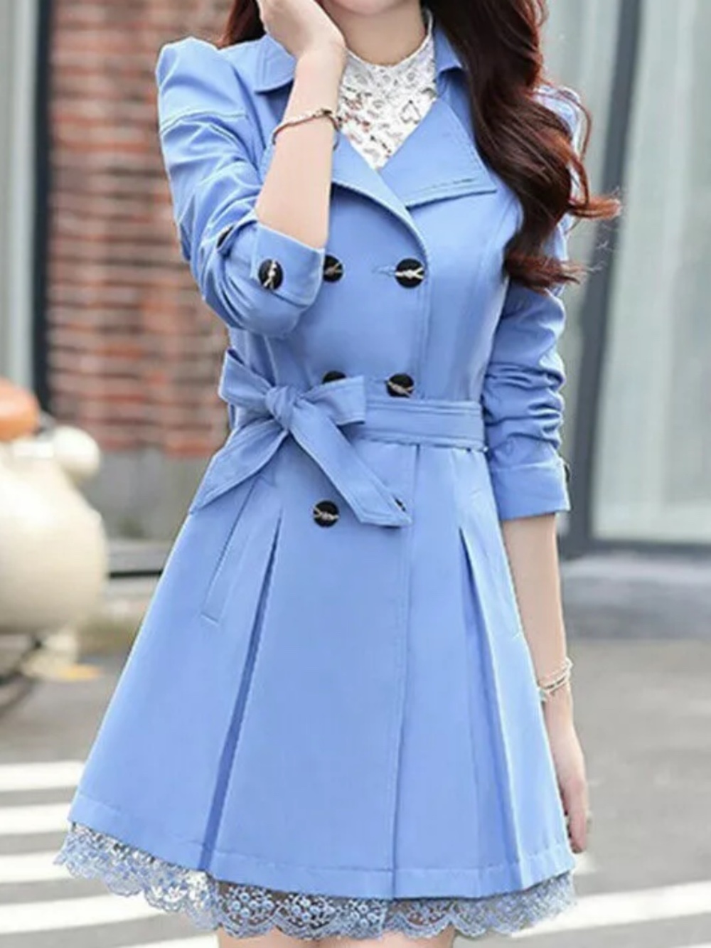 Women Trench Coat Double Breasted Belted Lolita Lace Edge Slim Fits Jacket